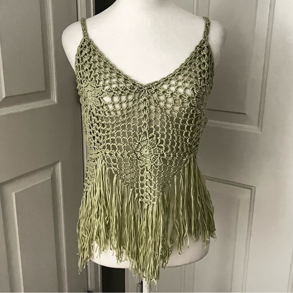 Vivid Tops - Y2K 34”‎ Bust Green Granny Crochet Fringe Strappy Crop Top Boho Festival Hippie